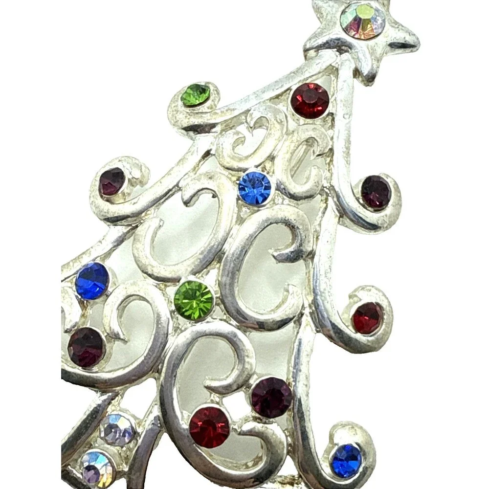 Vintage Kenneth Cole Rhinestone Christmas Tree Brooch Silver Tone KC Holiday Pin